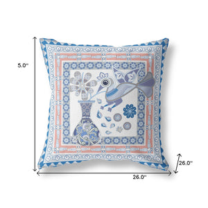 Homeroots 26" X 26" Blue And Gray Peacock Blown Seam Floral Indoor Outdoor Throw Pillow   481697