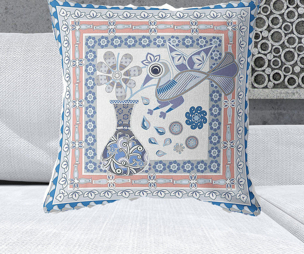 Homeroots 26" X 26" Blue And Gray Peacock Blown Seam Floral Indoor Outdoor Throw Pillow   481697