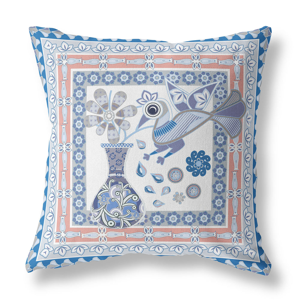 Homeroots 28" X 28" Blue And Gray Peacock Blown Seam Floral Indoor Outdoor Throw Pillow   481698
