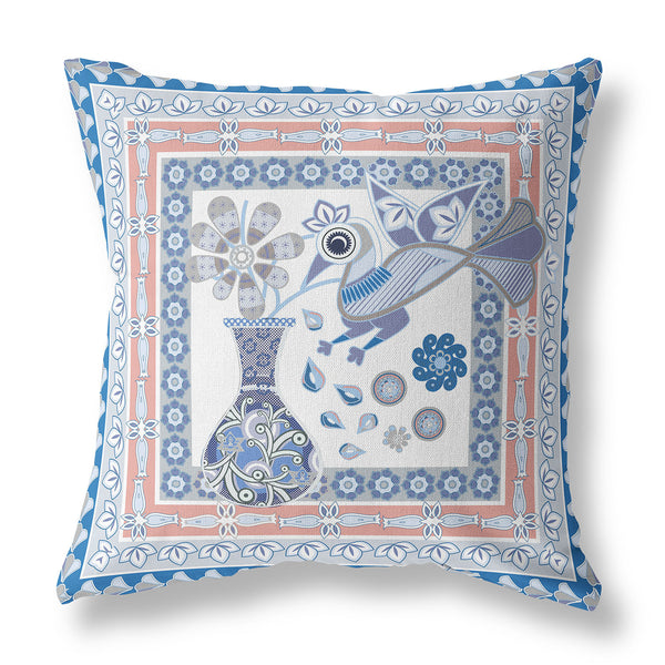 Homeroots 28" X 28" Blue And Gray Peacock Blown Seam Floral Indoor Outdoor Throw Pillow   481698