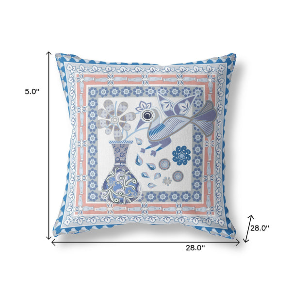 Homeroots 28" X 28" Blue And Gray Peacock Blown Seam Floral Indoor Outdoor Throw Pillow   481698