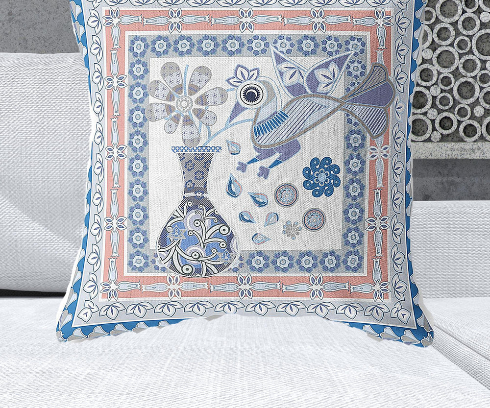 Homeroots 28" X 28" Blue And Gray Peacock Blown Seam Floral Indoor Outdoor Throw Pillow   481698