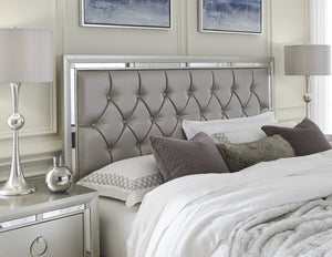 English Elm CHLOE Gemstone Silver Full Bed Frame with Mirror Trim, Detailed Stitching, Solid Wood Support Silver+Grey 82.5 L x 36.75 W x 5.5 H B201S00055