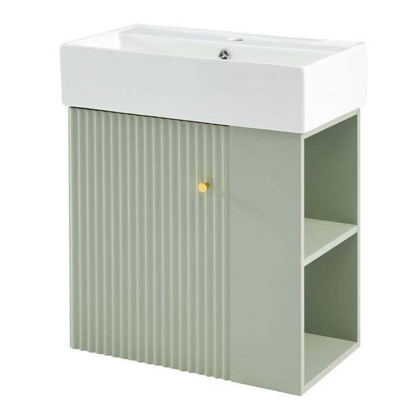 English Elm 21.6 inch Modern Floating Bathroom Vanity with Ceramic Basin, Wave Door, Rose Gold Handle Green N729P170388F