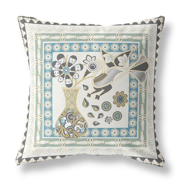 Homeroots 26" X 26" Cream Peacock Blown Seam Floral Indoor Outdoor Throw Pillow   481707