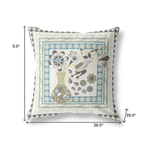 Homeroots 26" X 26" Cream Peacock Blown Seam Floral Indoor Outdoor Throw Pillow   481707