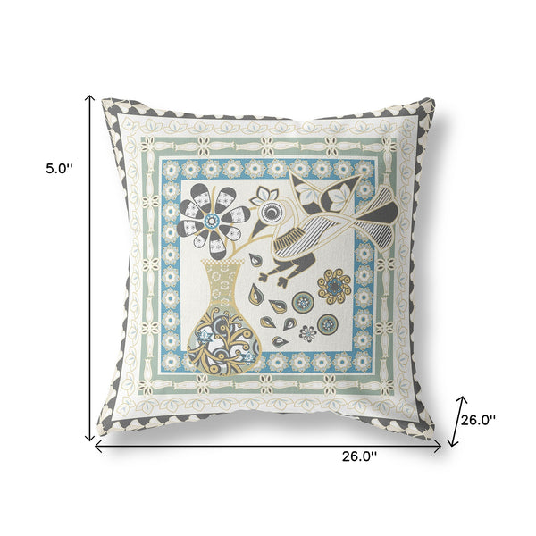 Homeroots 26" X 26" Cream Peacock Blown Seam Floral Indoor Outdoor Throw Pillow   481707