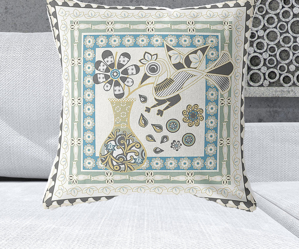 Homeroots 26" X 26" Cream Peacock Blown Seam Floral Indoor Outdoor Throw Pillow   481707