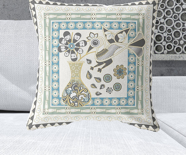 Homeroots 26" X 26" Cream Peacock Blown Seam Floral Indoor Outdoor Throw Pillow   481707