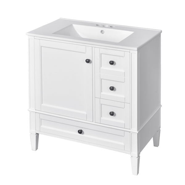 English Elm 30 30 Inch Bathroom Vanity with Ceramic Sink, Modern Compact 3-Drawer Storage Cabinet for Small Baths White N710P247499K