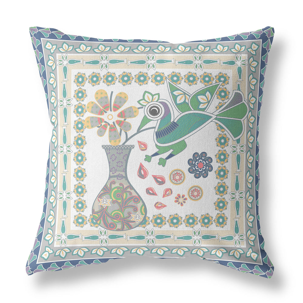 Homeroots 26" X 26" Cream Peacock Blown Seam Floral Indoor Outdoor Throw Pillow   481712