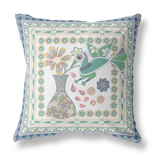 Homeroots 26" X 26" Cream Peacock Blown Seam Floral Indoor Outdoor Throw Pillow   481712
