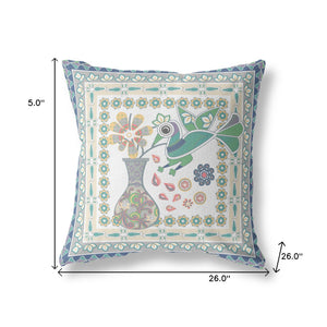 Homeroots 26" X 26" Cream Peacock Blown Seam Floral Indoor Outdoor Throw Pillow   481712