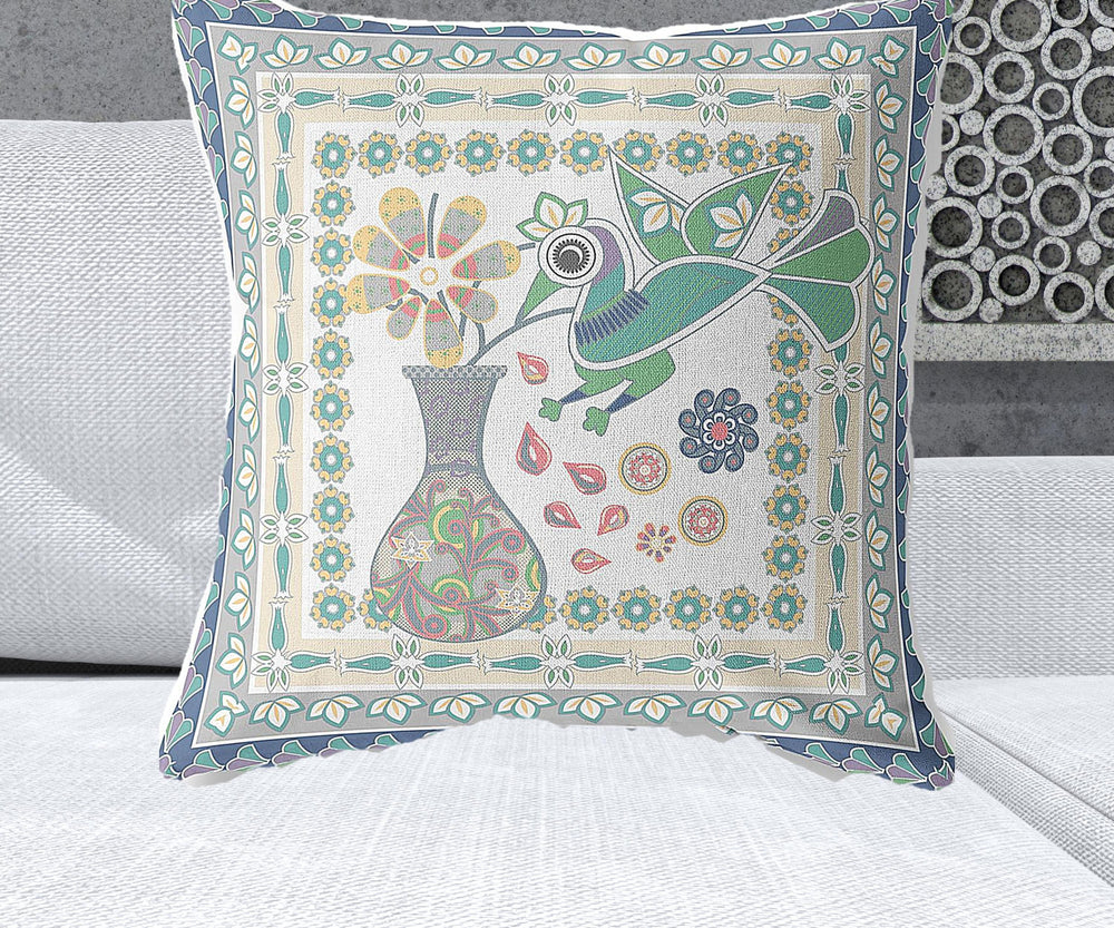 Homeroots 26" X 26" Cream Peacock Blown Seam Floral Indoor Outdoor Throw Pillow   481712