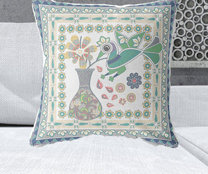 Homeroots 26" X 26" Cream Peacock Blown Seam Floral Indoor Outdoor Throw Pillow   481712