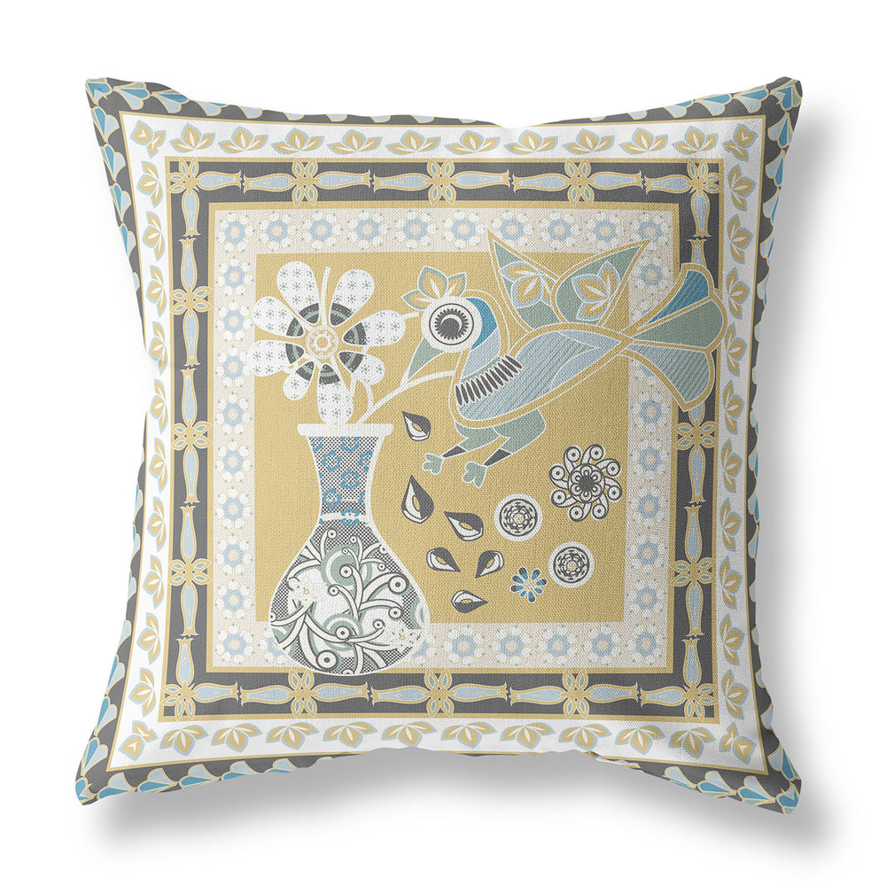Homeroots 26" X 26" Beige And Black Peacock Blown Seam Floral Indoor Outdoor Throw Pillow   481717
