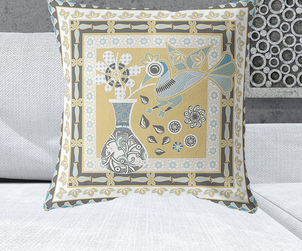 Homeroots 26" X 26" Beige And Black Peacock Blown Seam Floral Indoor Outdoor Throw Pillow   481717