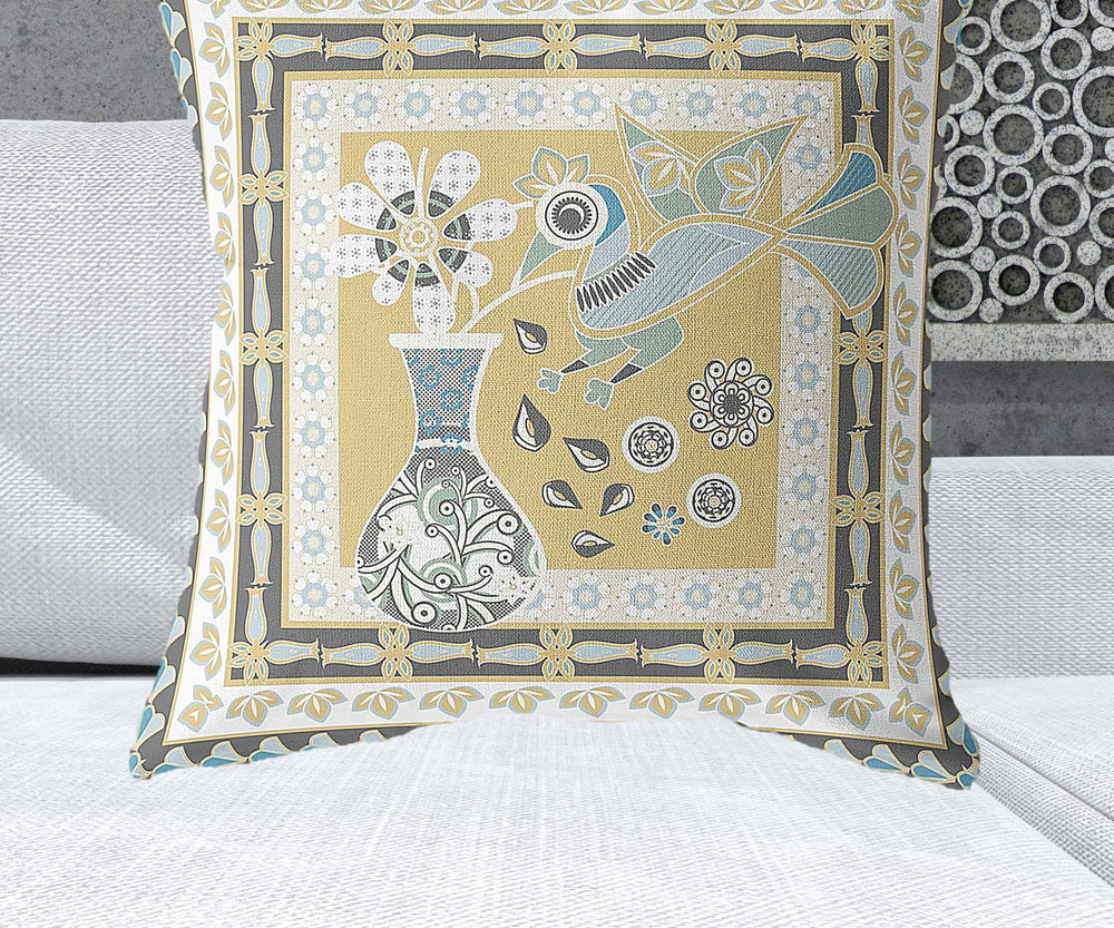 Homeroots 28" X 28" Beige And Black Peacock Blown Seam Floral Indoor Outdoor Throw Pillow   481718