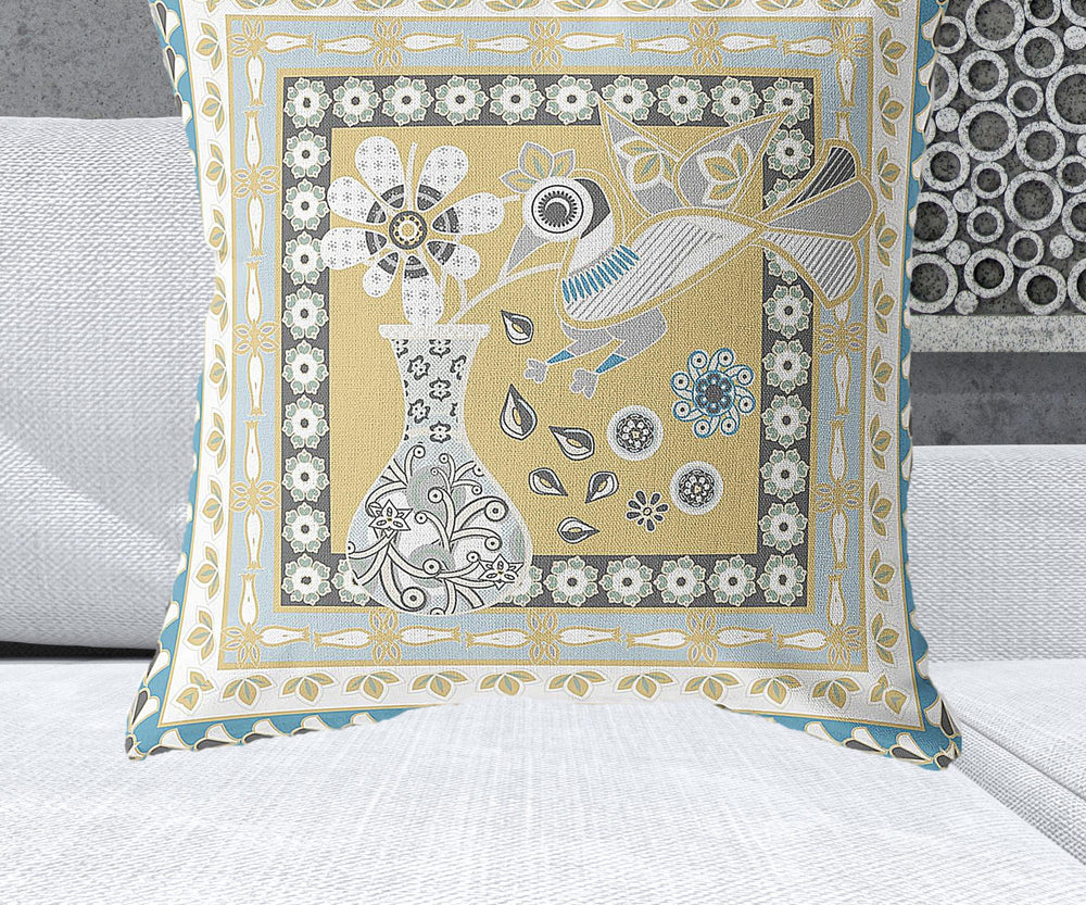 Homeroots 28" X 28" Beige And White Peacock Blown Seam Floral Indoor Outdoor Throw Pillow   481723