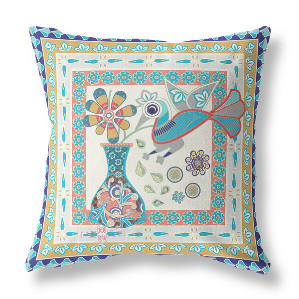 Homeroots 26" X 26" Blue And Beige Peacock Blown Seam Floral Indoor Outdoor Throw Pillow   481727