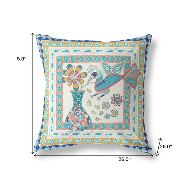 Homeroots 26" X 26" Blue And Beige Peacock Blown Seam Floral Indoor Outdoor Throw Pillow   481727