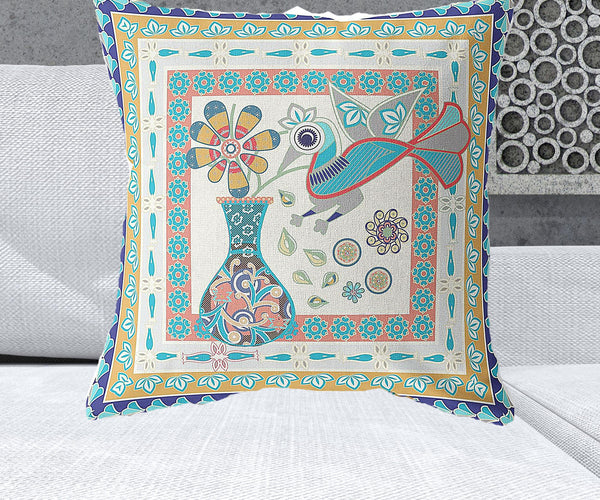 Homeroots 26" X 26" Blue And Beige Peacock Blown Seam Floral Indoor Outdoor Throw Pillow   481727