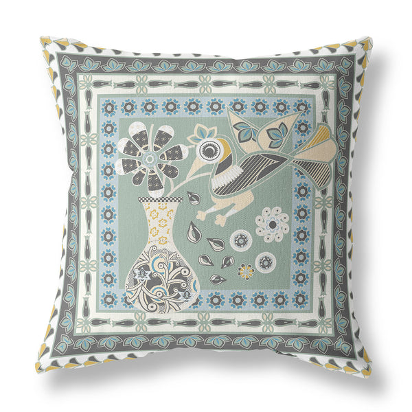 Homeroots 26" X 26" Green And Black Peacock Blown Seam Floral Indoor Outdoor Throw Pillow   481732