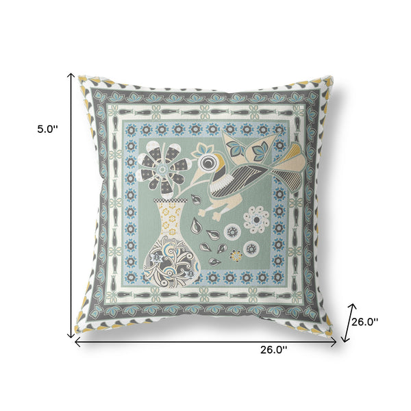 Homeroots 26" X 26" Green And Black Peacock Blown Seam Floral Indoor Outdoor Throw Pillow   481732