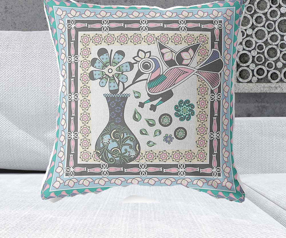 Homeroots 26" X 26" Gray Peacock Blown Seam Floral Indoor Outdoor Throw Pillow   481737