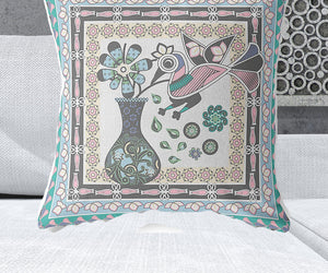 Homeroots 28" X 28" Gray Peacock Blown Seam Floral Indoor Outdoor Throw Pillow   481738