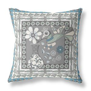 Homeroots 28" X 28" Gray And White Peacock Blown Seam Floral Indoor Outdoor Throw Pillow   481743