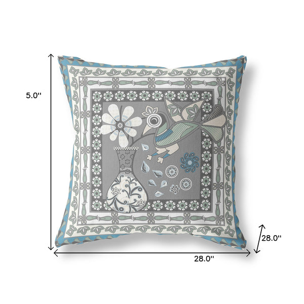 Homeroots 28" X 28" Gray And White Peacock Blown Seam Floral Indoor Outdoor Throw Pillow   481743