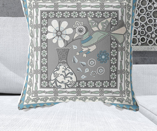 Homeroots 28" X 28" Gray And White Peacock Blown Seam Floral Indoor Outdoor Throw Pillow   481743