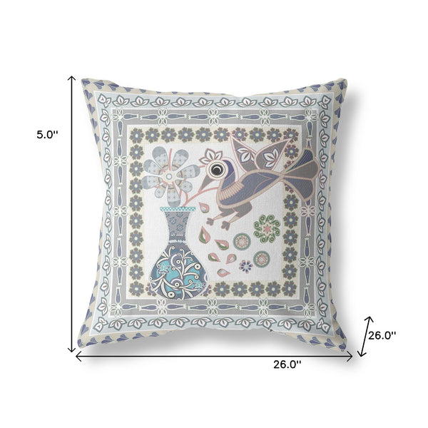 Homeroots 26" X 26" Gray Peacock Blown Seam Floral Indoor Outdoor Throw Pillow   481747