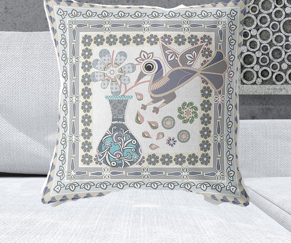 Homeroots 26" X 26" Gray Peacock Blown Seam Floral Indoor Outdoor Throw Pillow   481747