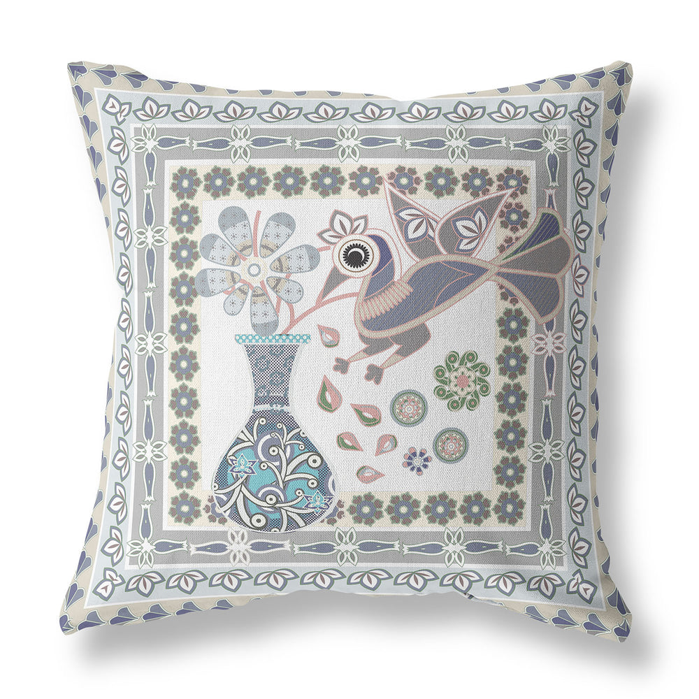 Homeroots 28" X 28" Gray Peacock Blown Seam Floral Indoor Outdoor Throw Pillow   481748