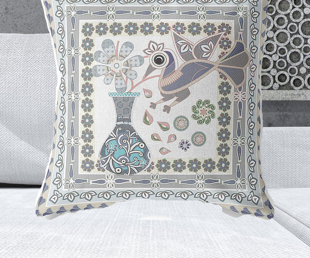 Homeroots 28" X 28" Gray Peacock Blown Seam Floral Indoor Outdoor Throw Pillow   481748