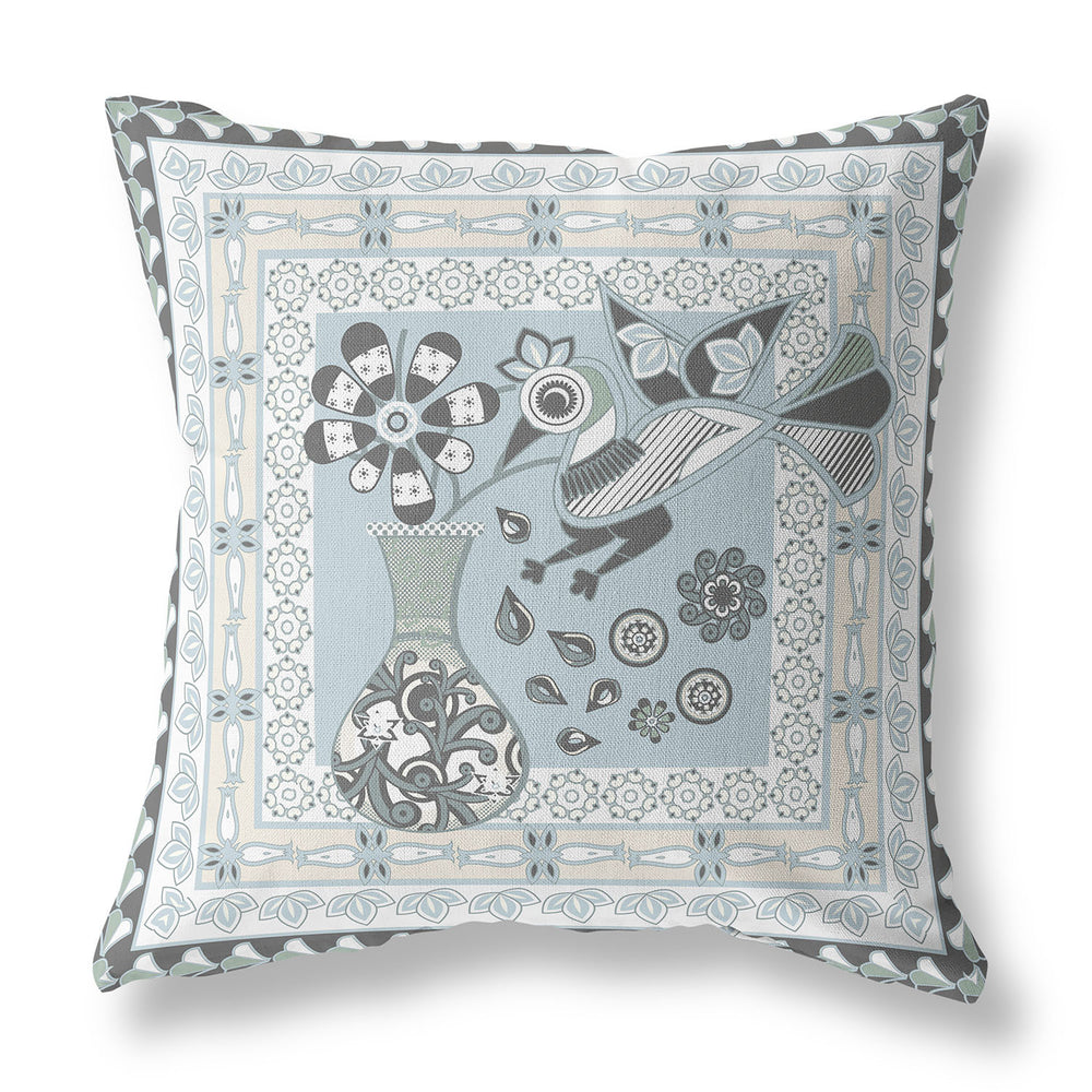 Homeroots 26" X 26" Cream Peacock Blown Seam Floral Indoor Outdoor Throw Pillow   481752