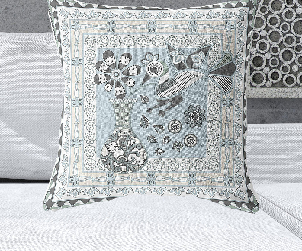 Homeroots 26" X 26" Cream Peacock Blown Seam Floral Indoor Outdoor Throw Pillow   481752