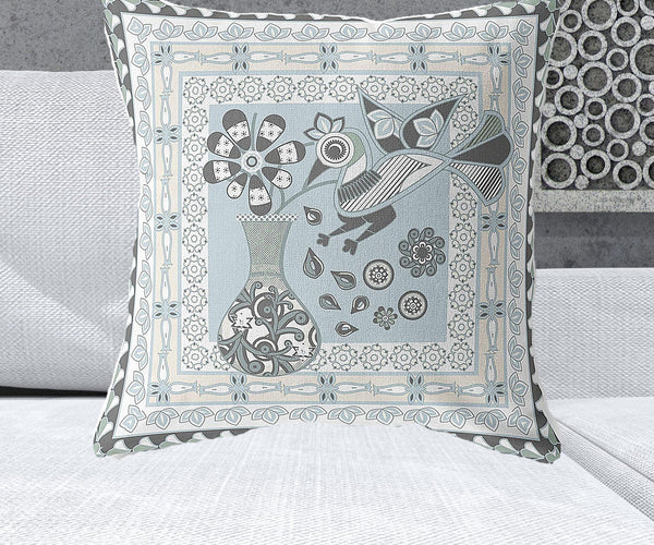 Homeroots 26" X 26" Cream Peacock Blown Seam Floral Indoor Outdoor Throw Pillow   481752