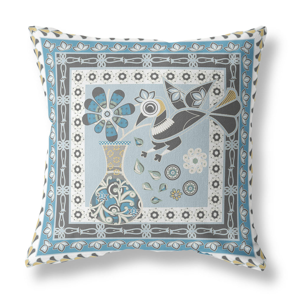 Homeroots 28" X 28" Blue And White Peacock Blown Seam Floral Indoor Outdoor Throw Pillow   481758