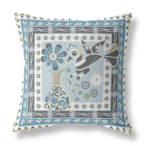 Homeroots 28" X 28" Blue And White Peacock Blown Seam Floral Indoor Outdoor Throw Pillow   481758