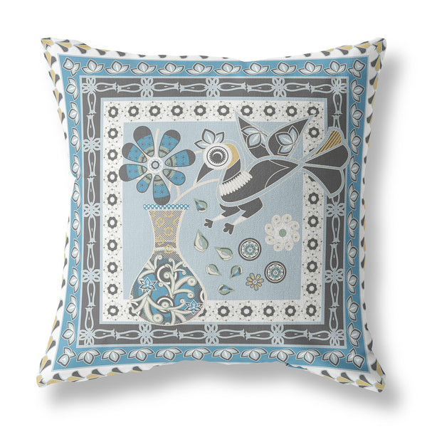 Homeroots 28" X 28" Blue And White Peacock Blown Seam Floral Indoor Outdoor Throw Pillow   481758