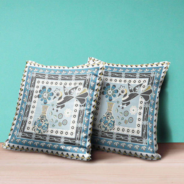 Homeroots 28" X 28" Blue And White Peacock Blown Seam Floral Indoor Outdoor Throw Pillow   481758