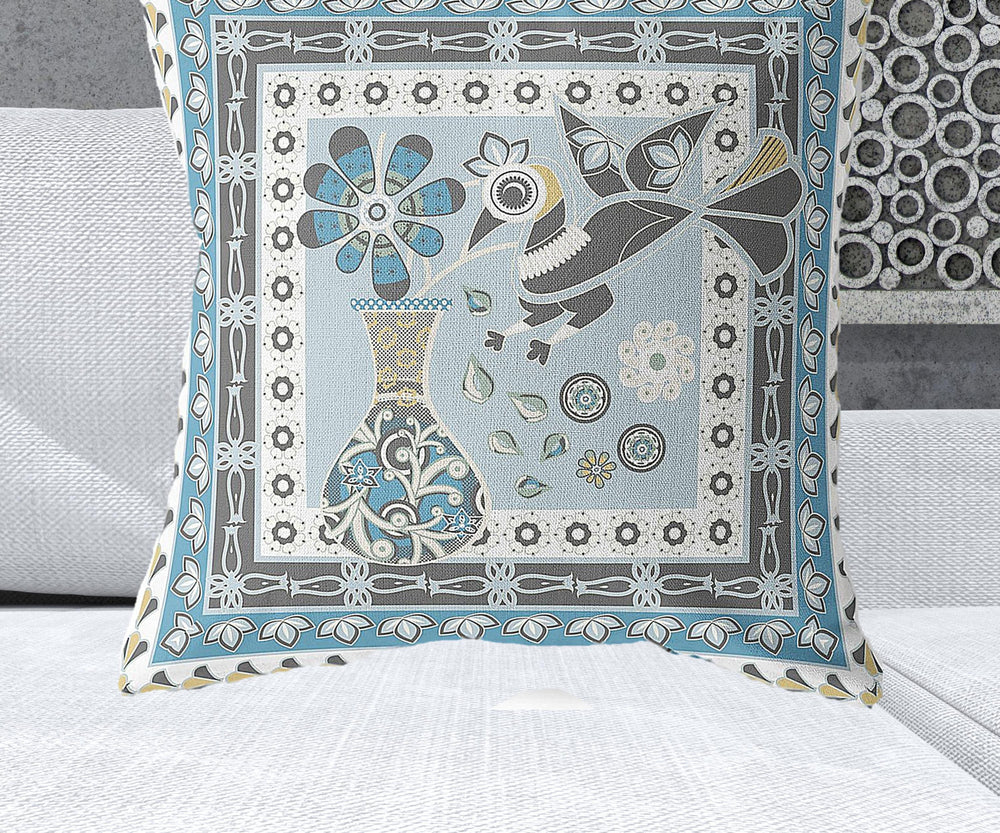 Homeroots 28" X 28" Blue And White Peacock Blown Seam Floral Indoor Outdoor Throw Pillow   481758
