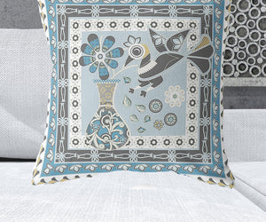 Homeroots 28" X 28" Blue And White Peacock Blown Seam Floral Indoor Outdoor Throw Pillow   481758