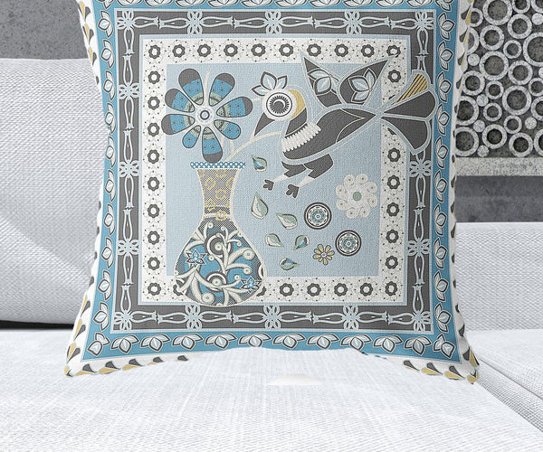 Homeroots 28" X 28" Blue And White Peacock Blown Seam Floral Indoor Outdoor Throw Pillow   481758