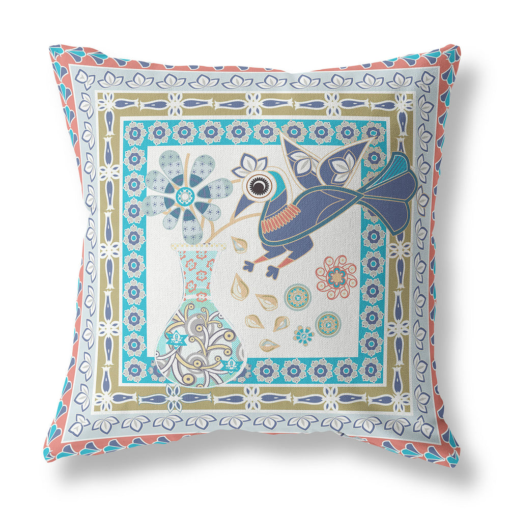 Homeroots 28" X 28" Light Green Peacock Blown Seam Floral Indoor Outdoor Throw Pillow   481763