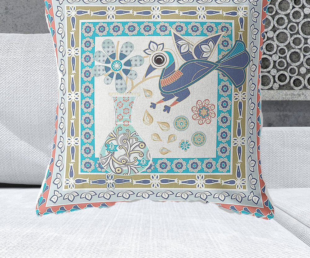 Homeroots 28" X 28" Light Green Peacock Blown Seam Floral Indoor Outdoor Throw Pillow   481763