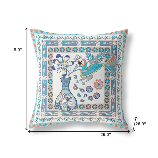 Homeroots 26" X 26" Off White Peacock Blown Seam Floral Indoor Outdoor Throw Pillow   481767